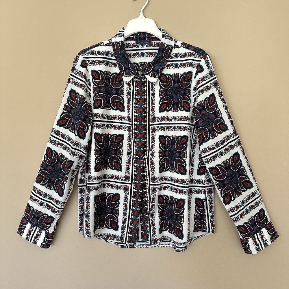 Tommy Hilfiger Women XL Popover Button Shirt Window Pane Paisley Maximalism Prep